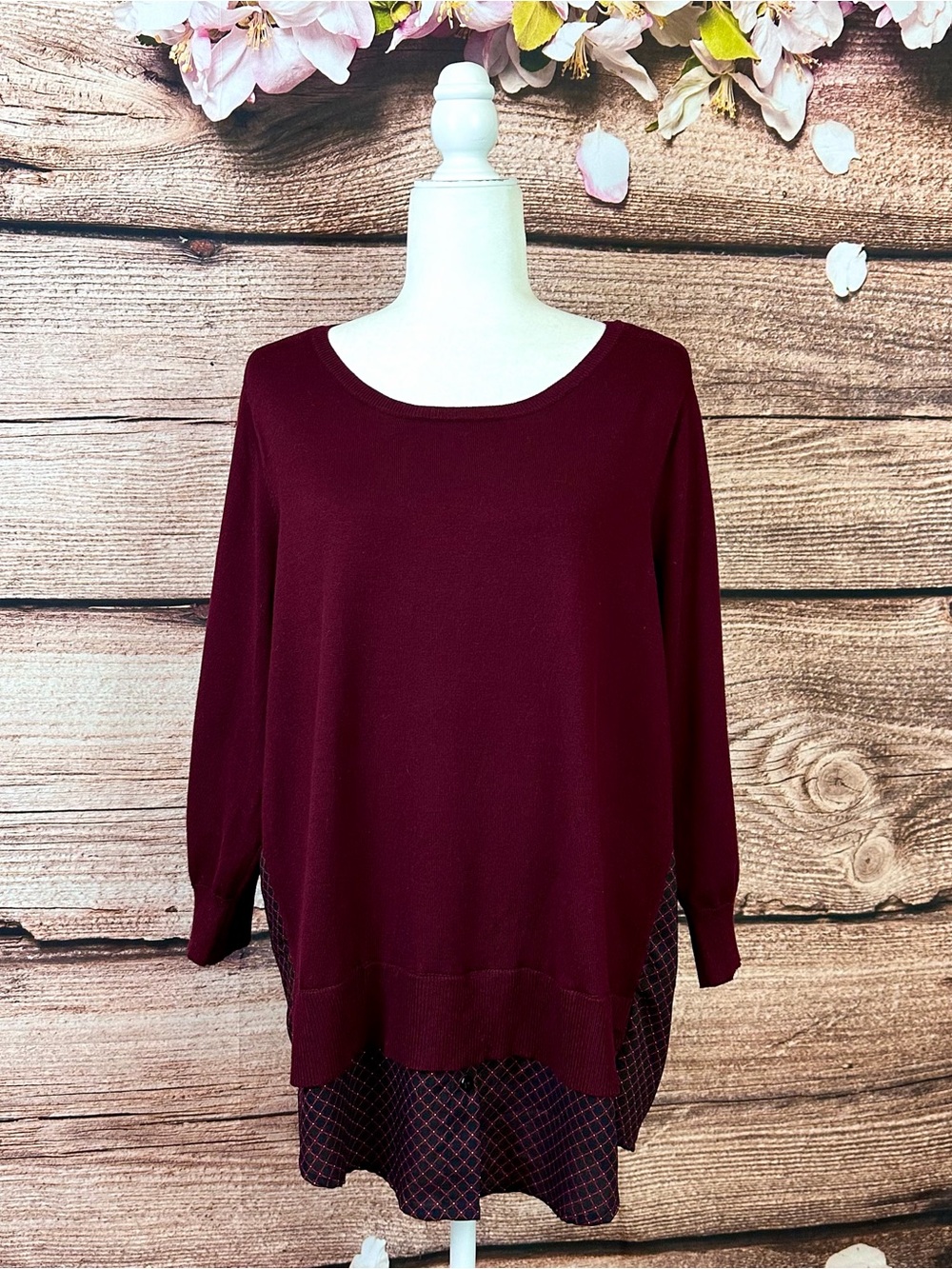 BLL New York Women’s Rayon Burgundy Solid Boho Knit Sweater Plus 1X